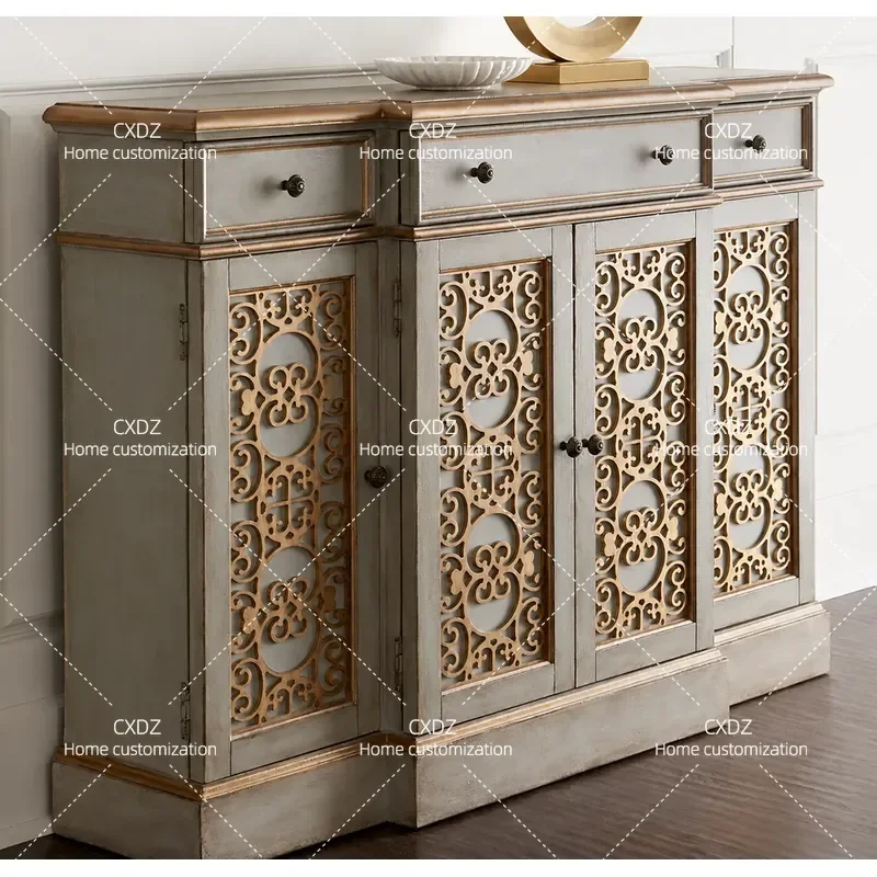 Neoclassical Simple Solid Wood Sideboard Cabinet for Dining Room Customizable Storage Furniture
