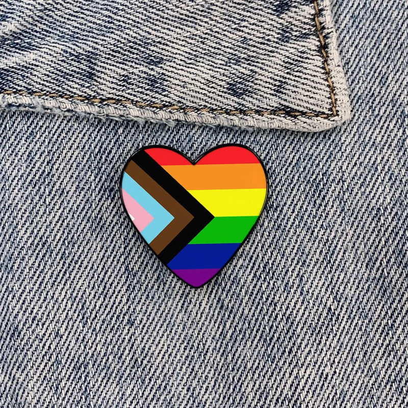 New Fashion Progress Pride Flag Heart ALLY Heart-shaped metal pin Funny vintage Brooches Shirt Lapel Badge pins for Lover Girls