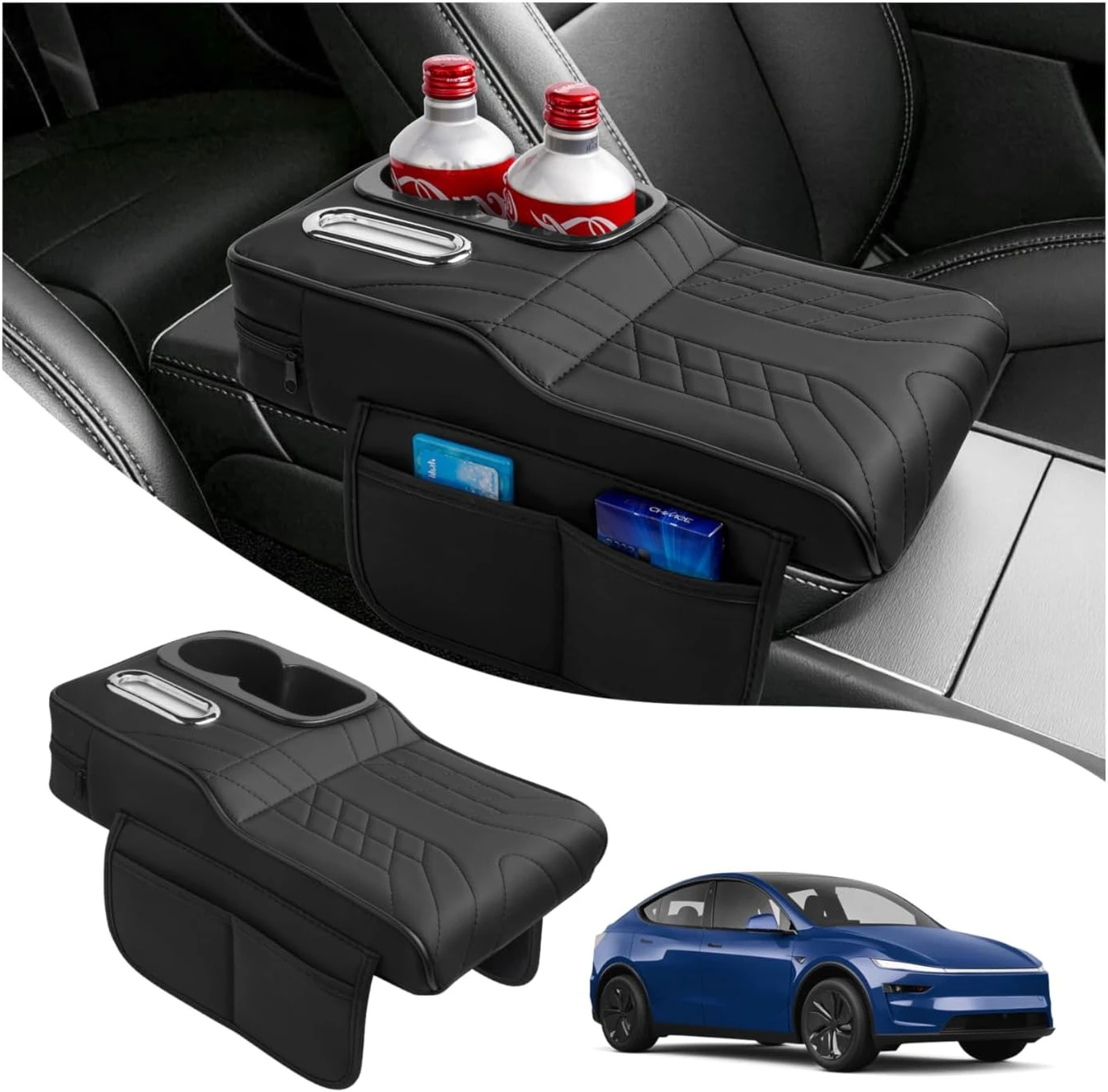 Car Armrest Cushion Multi-Purpose Leather Storage Center Console Cover 4-in-1 with Tissue Holder Cup Slot and Side Pockets