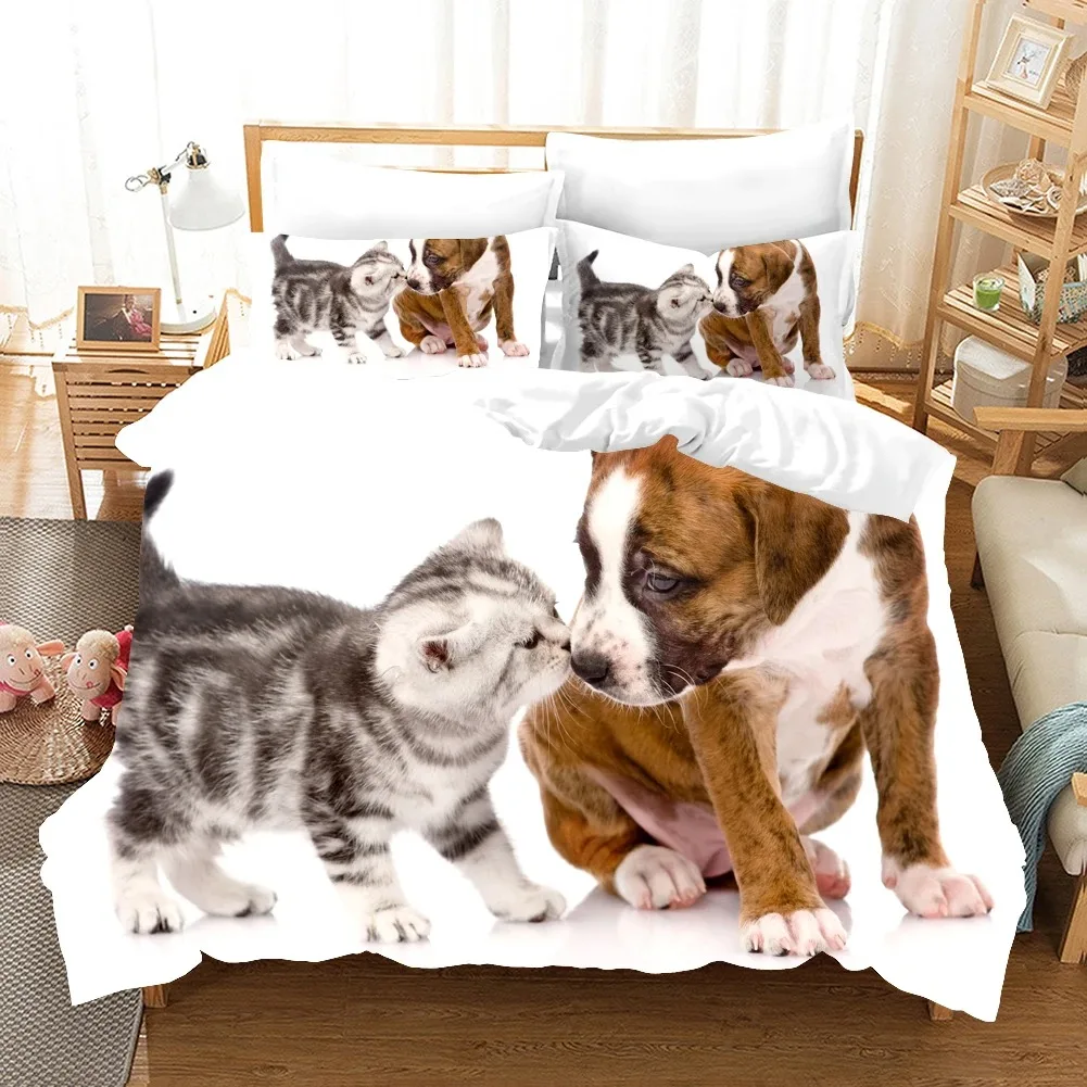 

3D Dog And Cat Duvet Cover Set White Bed Set Animal Bedding Sets Kids Boys Girls Love Cute Pet Dogs Quilt Cover