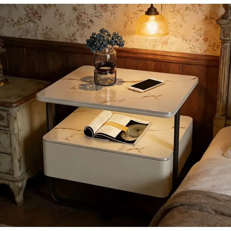 Luxury Modern Wrought Iron Bedside Table Simple Solid Wood Bedroom Furniture Light Stone Finish Nightstand