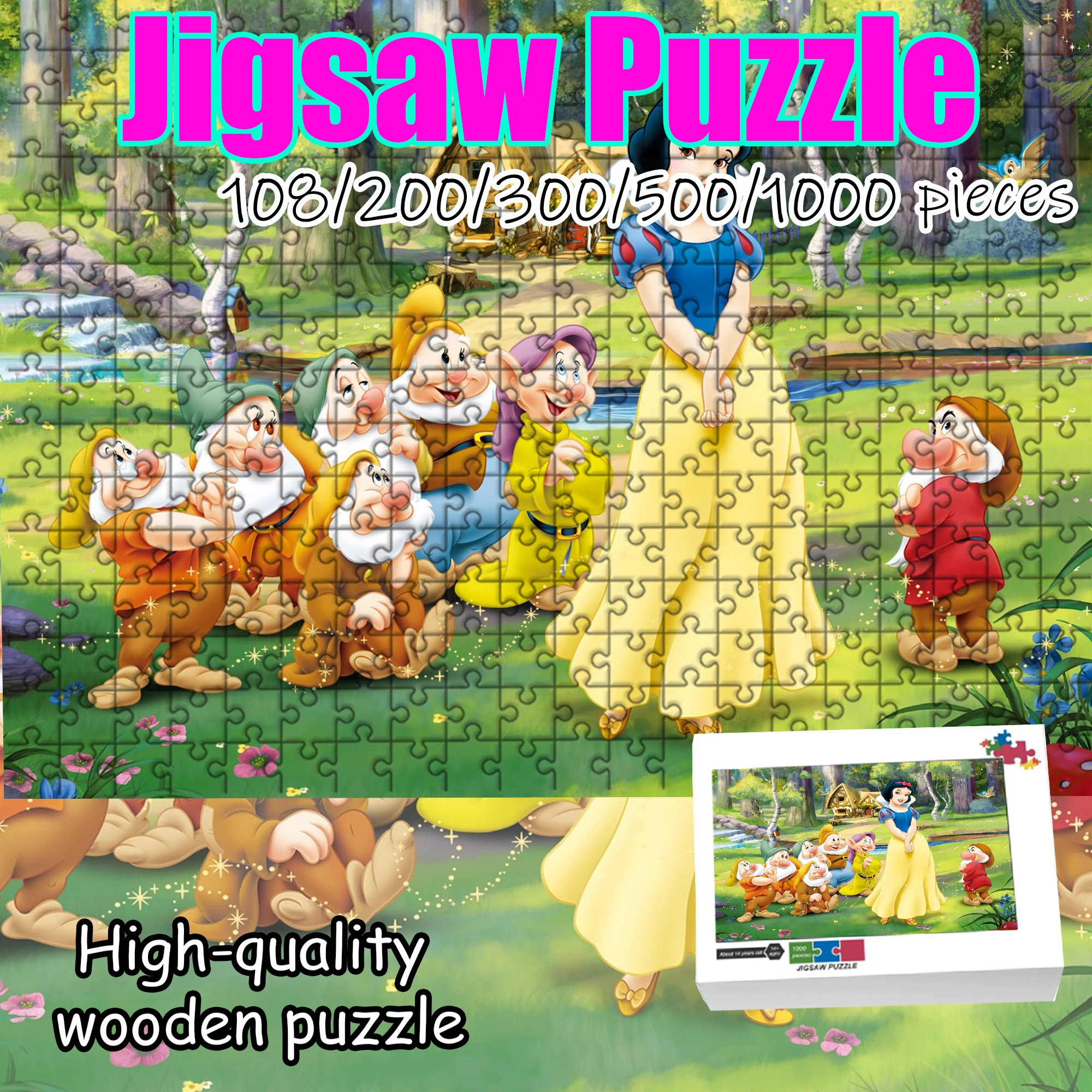 

Wooden Jigsaw Puzzle 108/200/300/500/1000 Pcs, Snow White & Dwarfs Forest Scene Puzzle, Creative Brain Teaser, Perfect Gift for