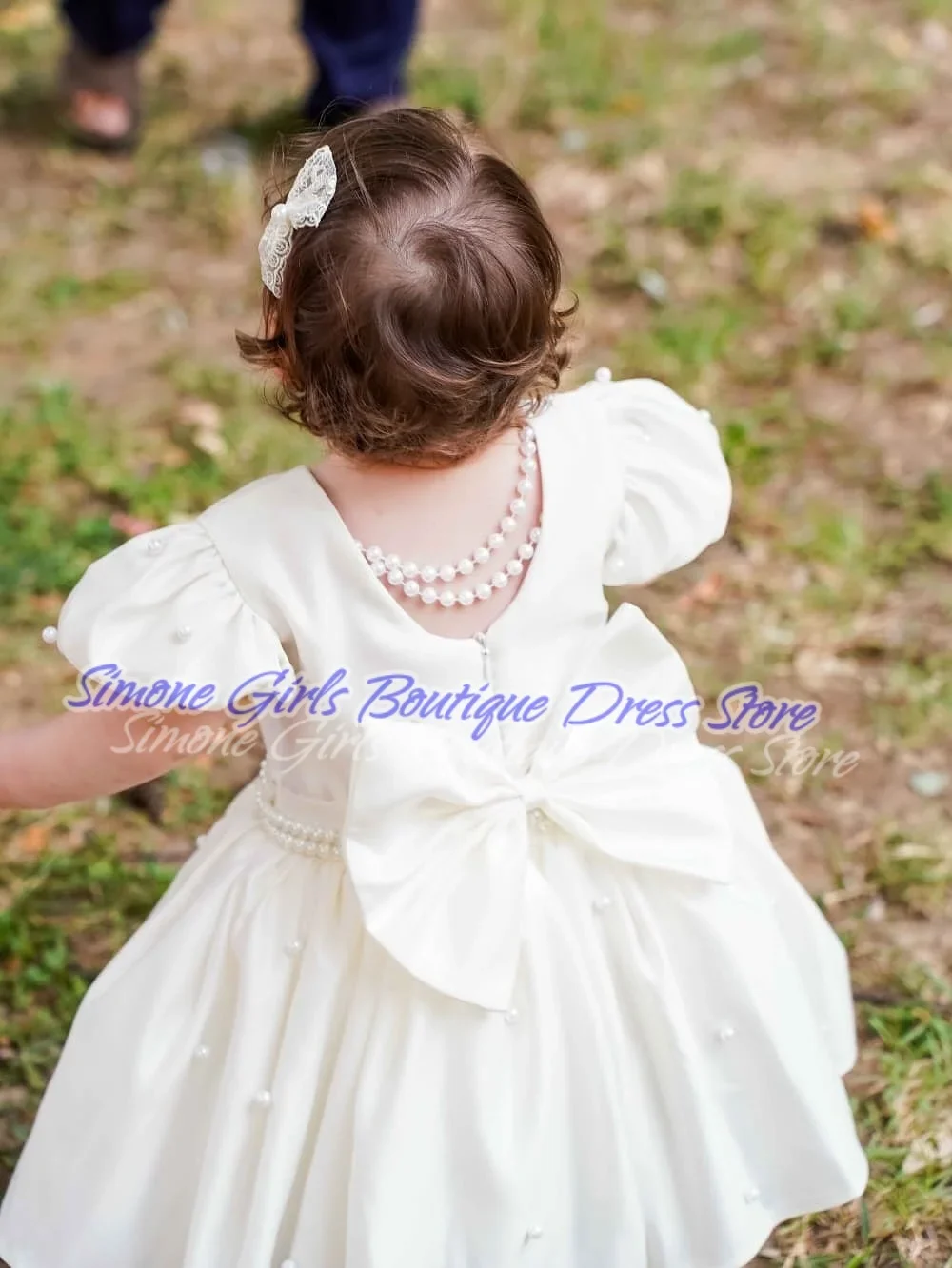 Bow Pearl Decoration Fluffy Skirt Puff Sleeves Flower Girl Dress for Wedding Ceremonies Holiday Celebrations Formal Receptions