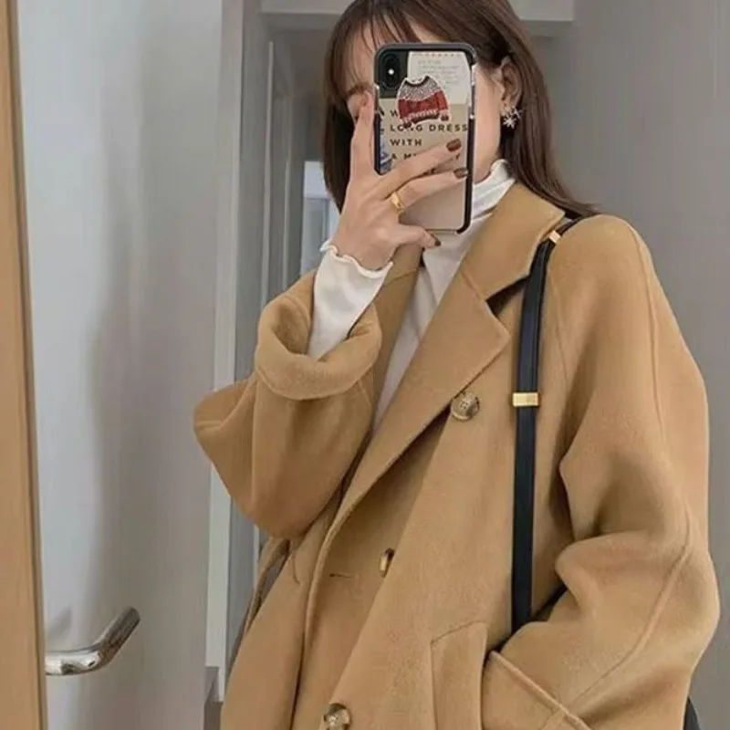 

Двубортное мягкое теплое пальто, модная женская зимняя шерстяная повседневная ветровка с лацканами, ленивый уличный стиль