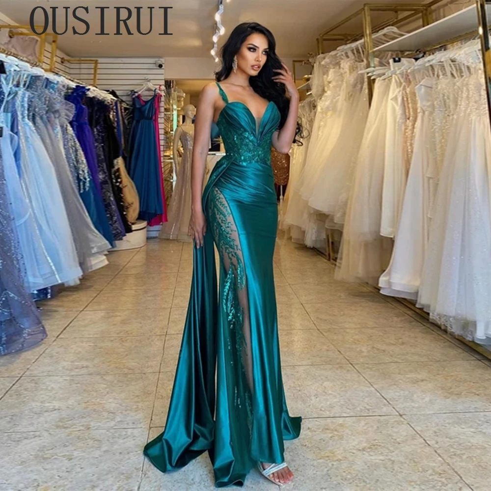 OUSIRUI Sexy Woman  Evening Dresses Spaghetti Strap Satin 2024 Summer Host V Neck Prom Dresses Backless Lace Up robe de soirée