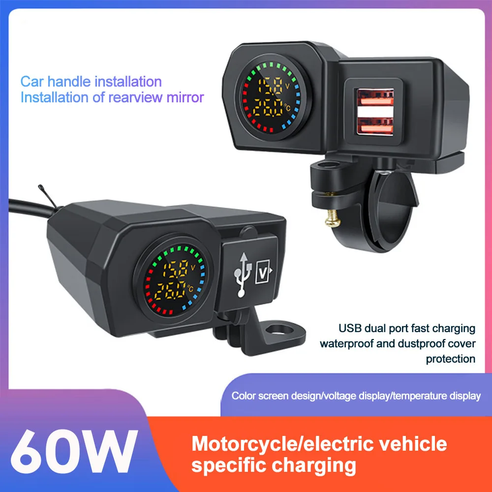 

Quick Charger QC3.0+PD Dual USB Socket Motorcycle Handlebar & Rear Mirror 60W Phone Power Adapter Digital Voltmeter Thermometer