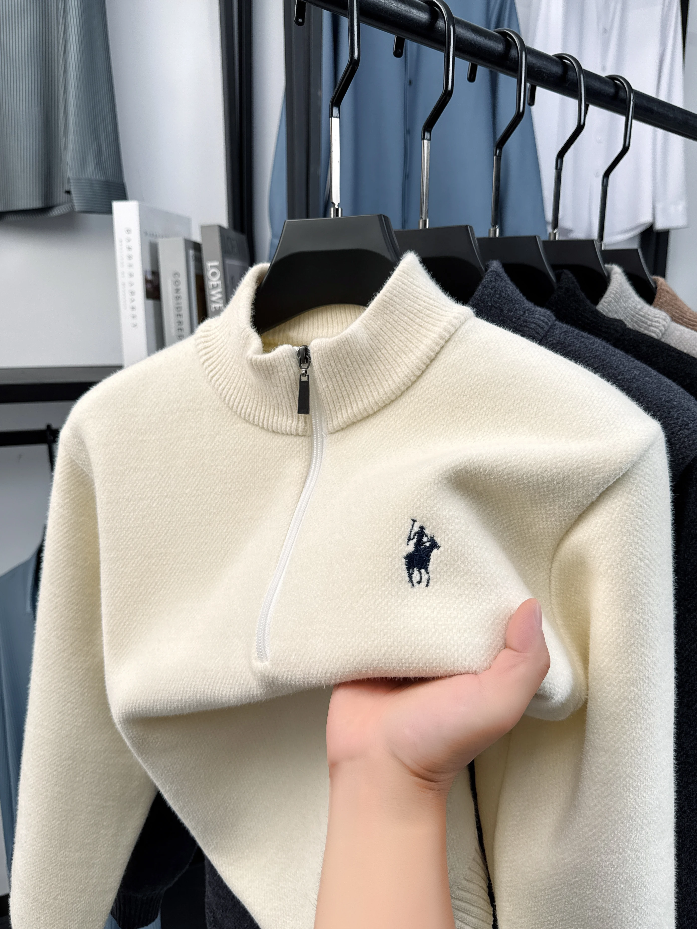 Luxury Brand zipper stand up collar sweater men casual trendy ponytail embroidery design winter new plush warm knit pullover