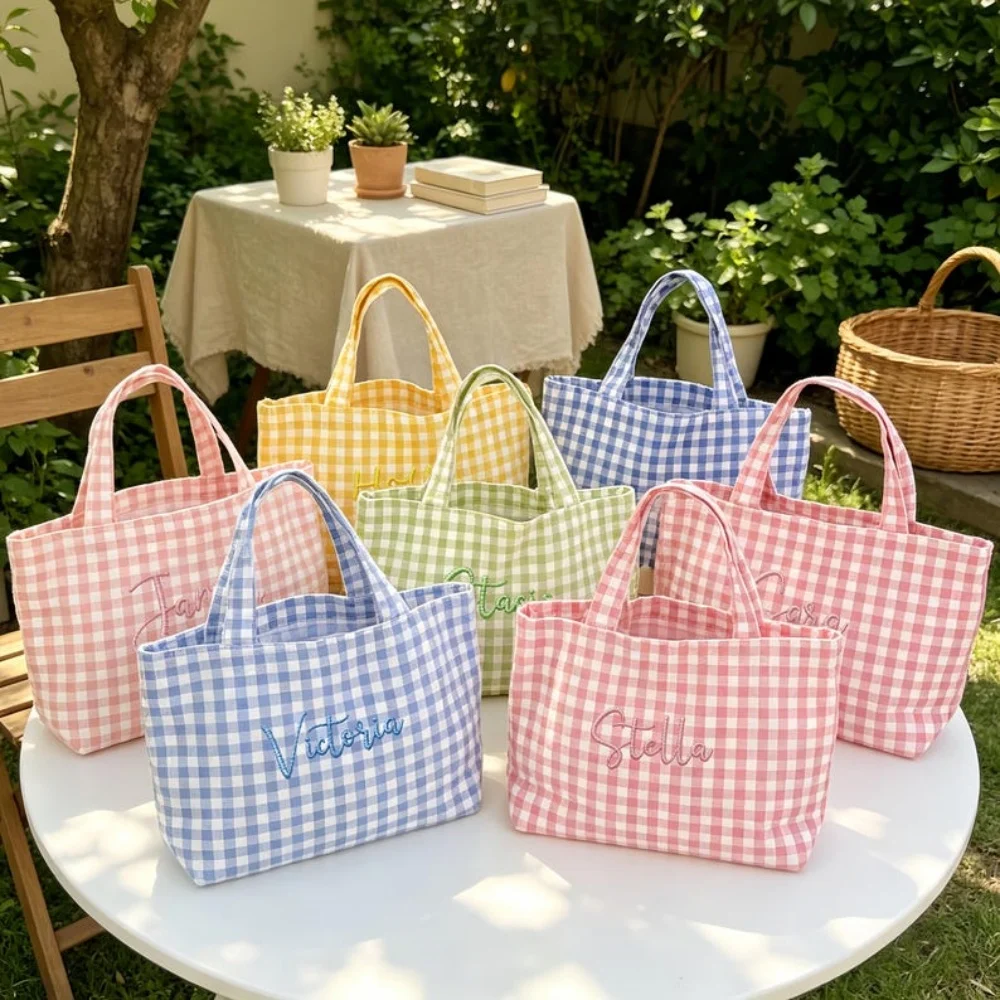 1Pc Personalized Customized Text/Name Embroidered Checkered Tote Bag, Multiple Colors to Choose, Cute Canvas Bag, Party Favor