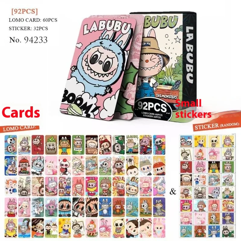 ใหม่ Labubu Lomo 92 ชิ้นขนาดเล็กสติกเกอร์การ์ตูนภาพเคลื่อนไหวเกมคอลเลกชันการ์ด 2 หยวน Lomo ของขวัญเด็ก
