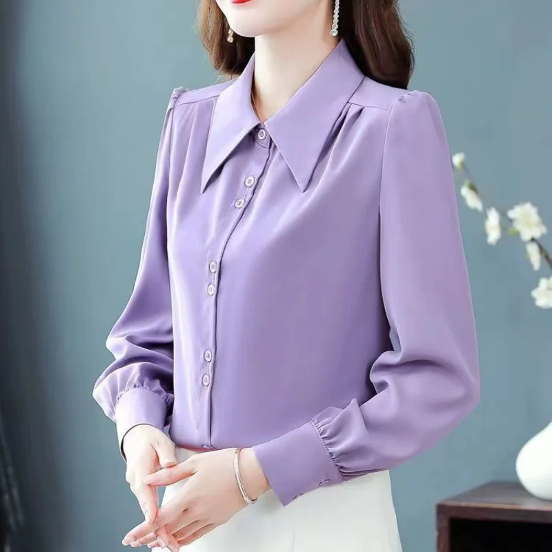 2023 Autumn and Winter New Versatile Commuter Women\'s Clothing Splice Buttons POLO Collar Long Sleeve Solid Color Casual Shirt