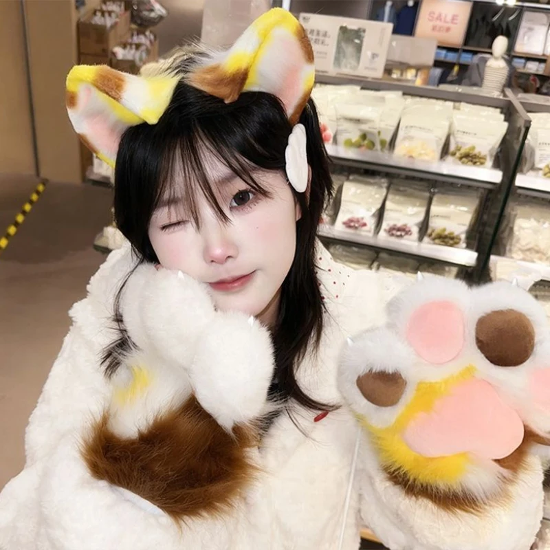 Calico Cat Ear Headband Gloves Furry Cat Tail Fursuit Kigurumi Plush Cat Paw Gloves Squeaky Thicken Warm Cartoon Cosplay Costume