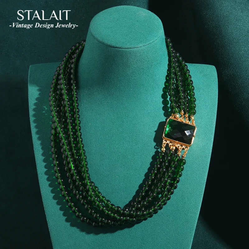 

Vintage Emerald Layered Necklace Green Glaze Bead Chain Square Gold Color Magnetic Buckle Mothers Day Gifts Party Wedding 2025
