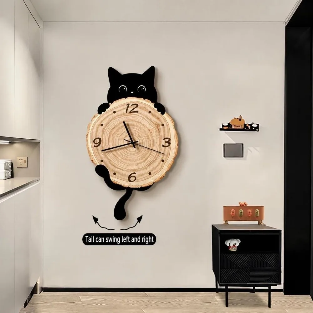 Modern Black Cat Wall Clock Silent Movement Non-Ticking Wall-mounted Clock Irregular Dial Wag Tail Hanging Clock For Bedroom