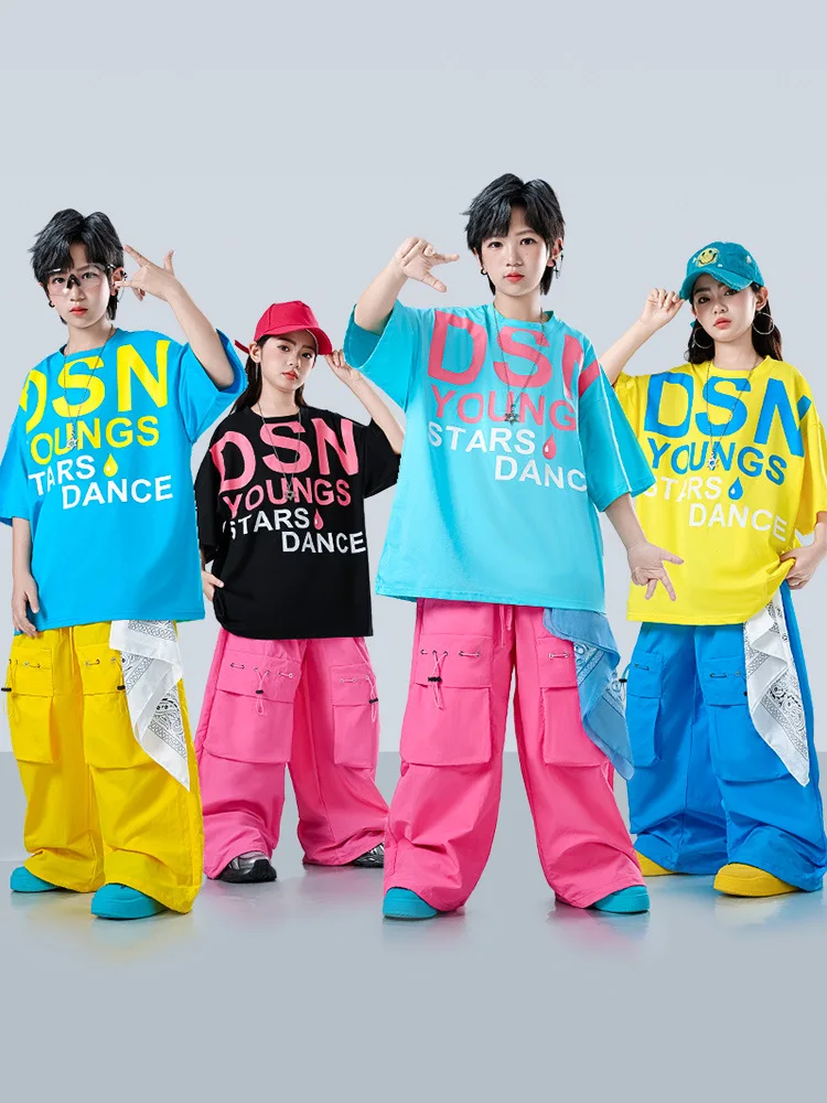 Kids Hip Hop Costume Color Block Oversized Letter Tops Multi Pocket Cargo Pants Boys Girls Street Dance Kpop Stage Competition