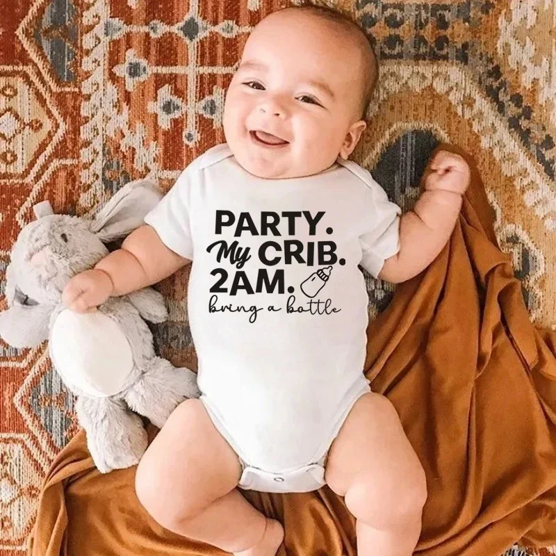 Cotton Girls Boys Baby Romper Party My Crib 2AM Bring A Bottle Print Infant Bodysuit Short Sleeve Jumpsuit Summer Baby Clothes