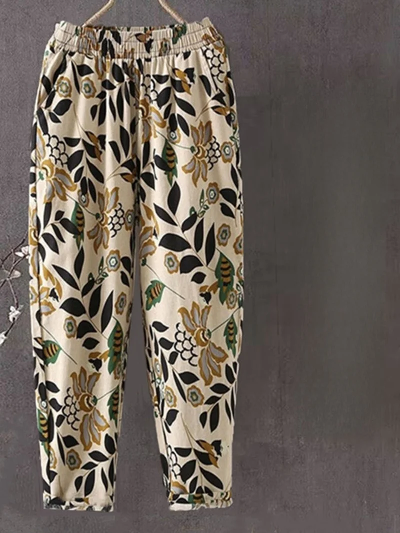 กางเกงแฟชั่นฮาร์ลานสำหรับผู้หญิง ฤดูร้อน ผ้าฝ้ายลินินบางเบา สไตล์ลำลอง ทรงหลวม ช่วยให้ดูผอม กางเกงขา 7 ส่วน เอวสูง ยางยืด