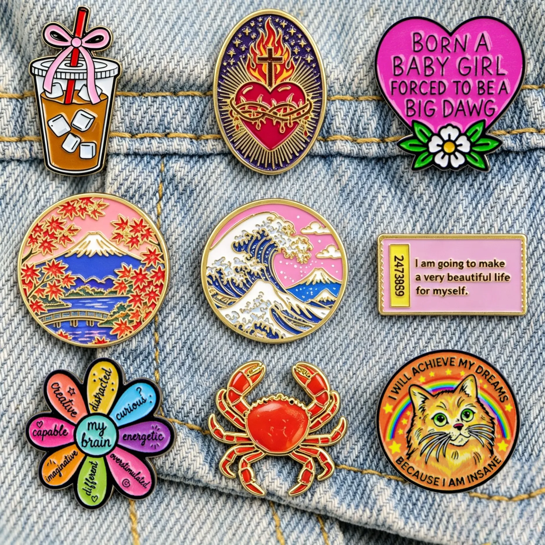 Creative Enamel Pins Japanese Wave Crab Drink Cat Inspirational Quote Lapel Brooches Badge Backpack Clothes Decor Jewelry Gift