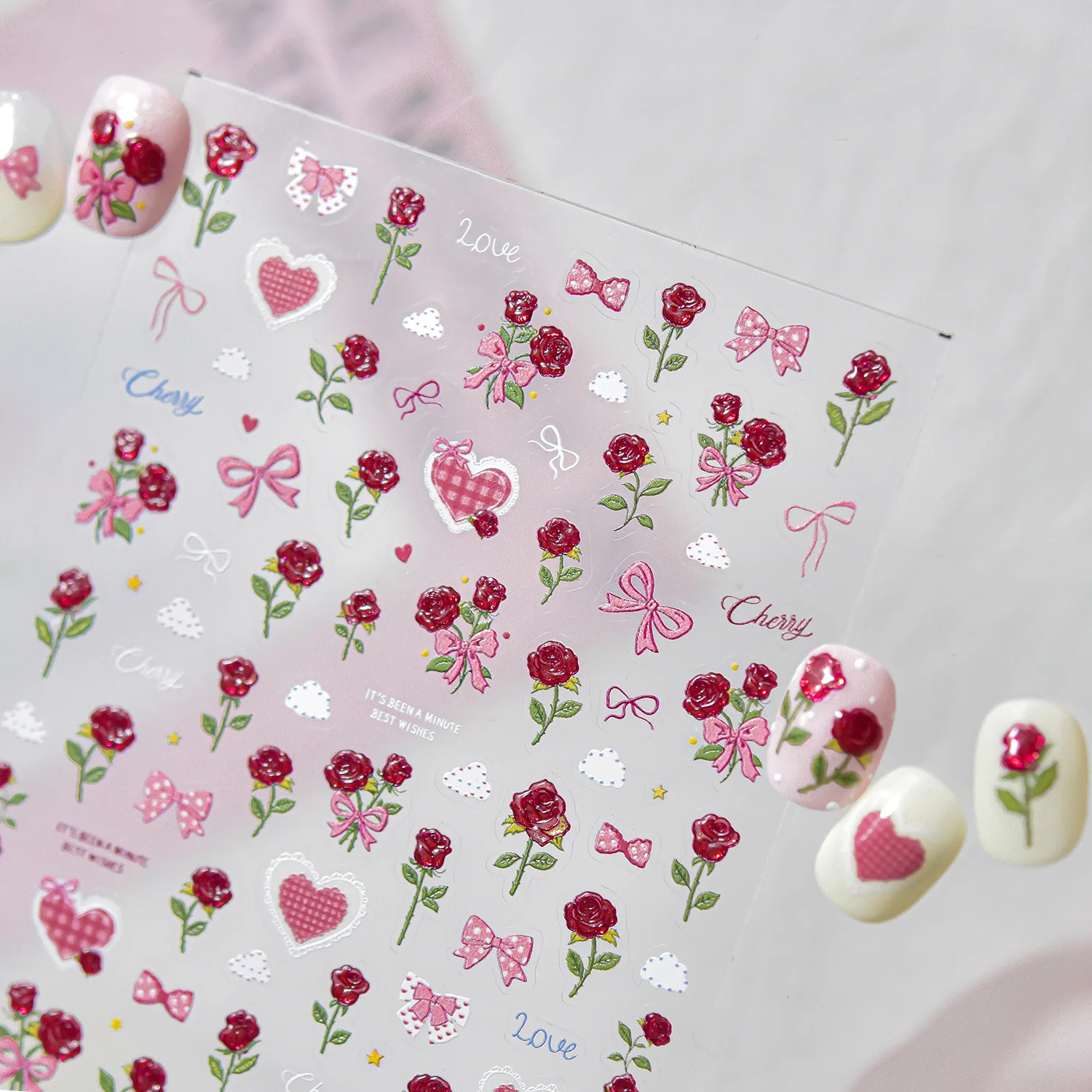 5D Rote Rosen Nagelaufkleber Retro Rosenblüten Schleife Karo Herz Wolke Stern Selbstklebende Nagelkunst-Dekorationen Romantische Maniküre-Deko DIY