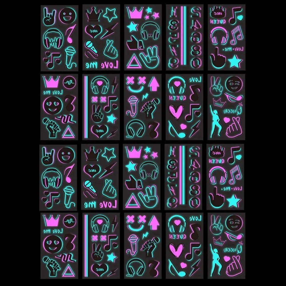 

20Sheets Skin-Friendly Luminous Tattoo Stickers Waterproof Cartoon Music Festival Stickers Disposable Funny DIY Body Art