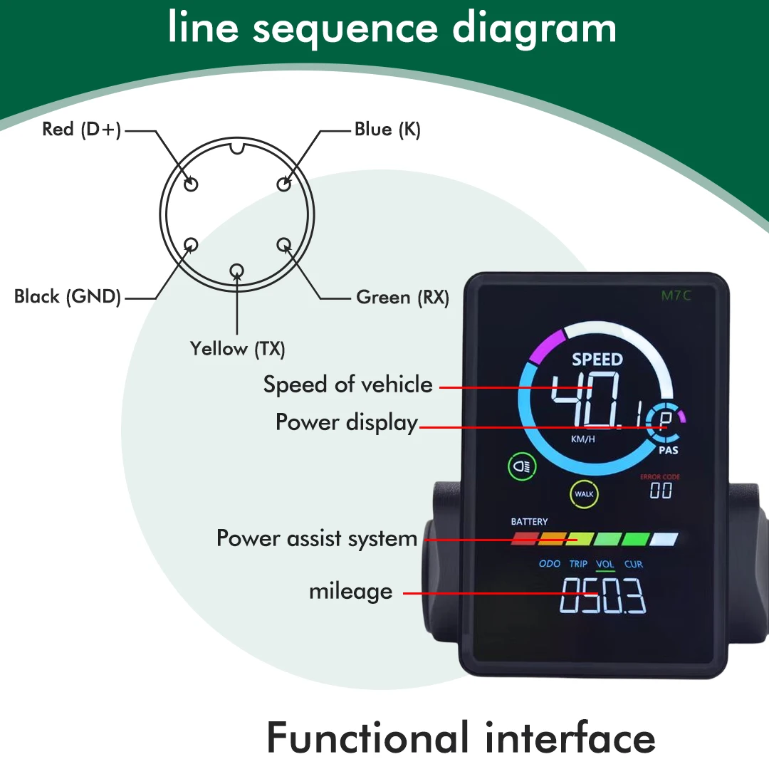 M7C-2 전기 자전거 LCD 다채로운 디스플레이 계량기 SM/방수 연결 플러그, USB UART 포함, 24V-60V