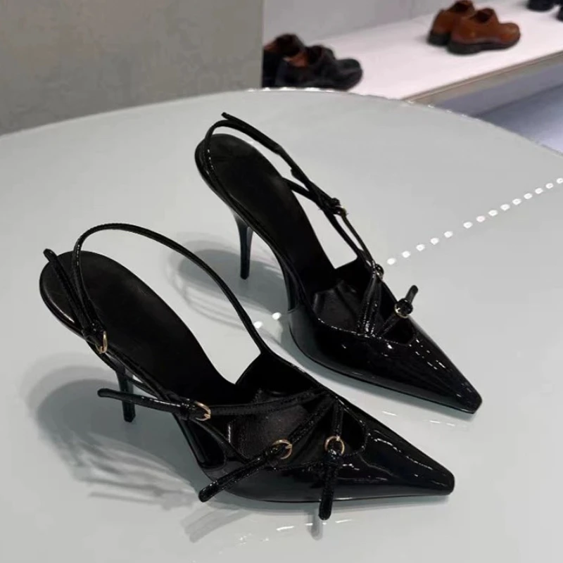

French Patent Leather One Line Buckle Thin Heel Toe Sandals