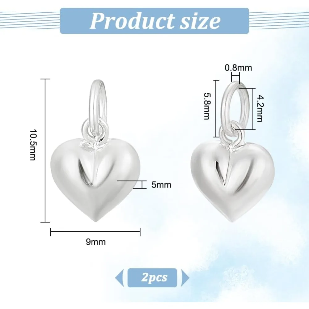 2pcs 925 Sterling Silver Charms Puffed Heart Pendants Valentine  Charms 3D Charms Love  Dangle Pendant for Women