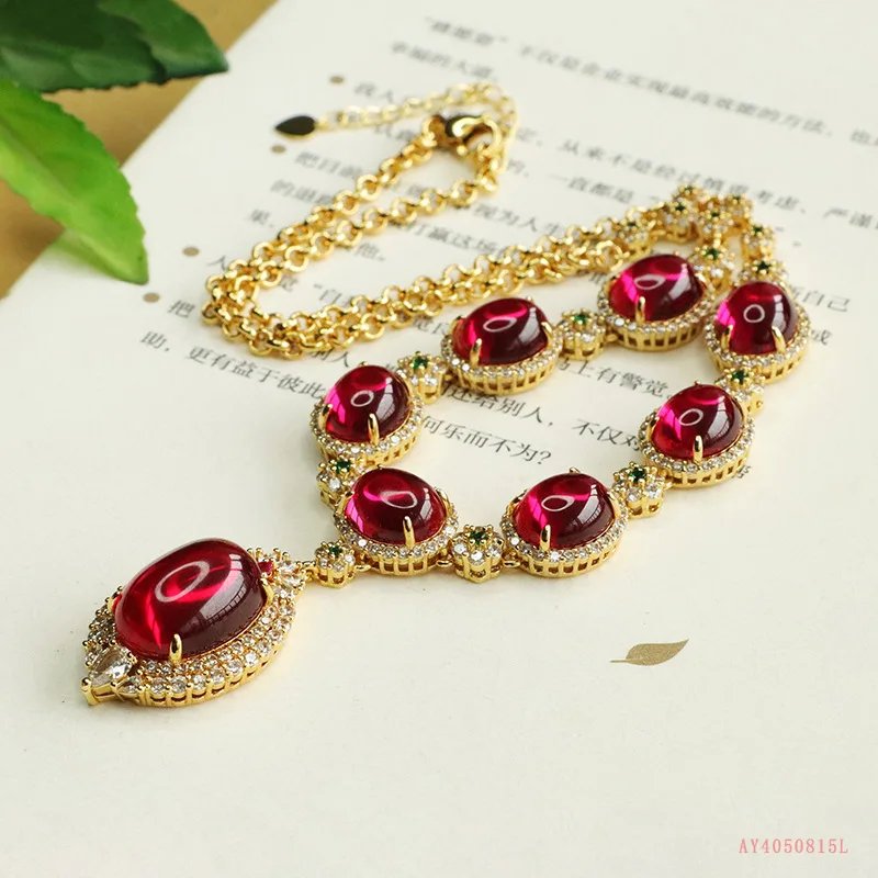 

Copper Plated Gold Chain Necklace with Red Gemstone Accents & Sparkling Details - Luxury Evening & Daily Wear Jewelry