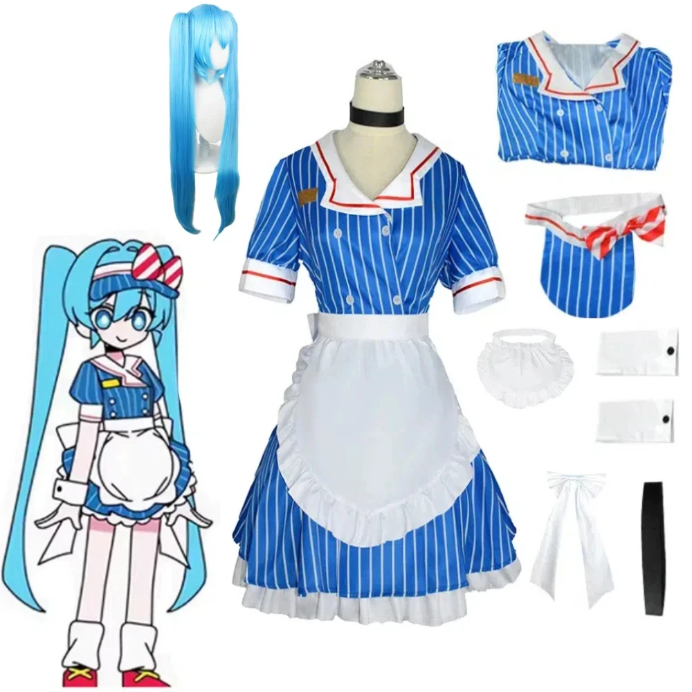 

Anime Mikuu Hypnotist Cosplay Costume Wig Mikuu Kasane Teto Blue Striped Lolita Maid Dress Wig Halloween Party Set for Women