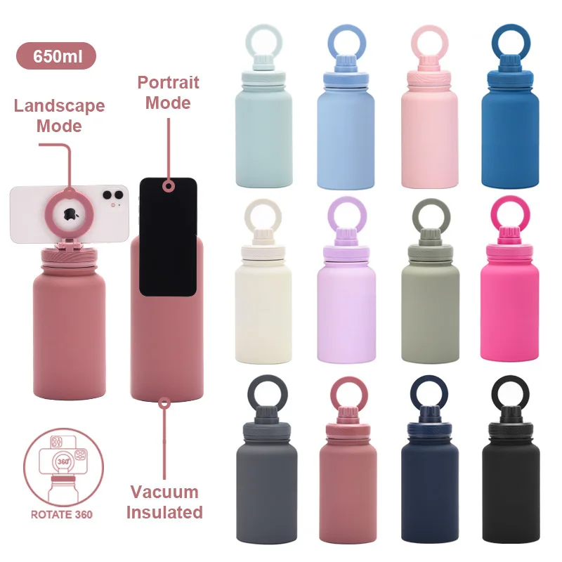 650ML Thermos Cup,Cellphone Magnetic Stand,Double Stainless Steel,Portable Handle,Protect Insulation And Cold,Sport Water Bottle