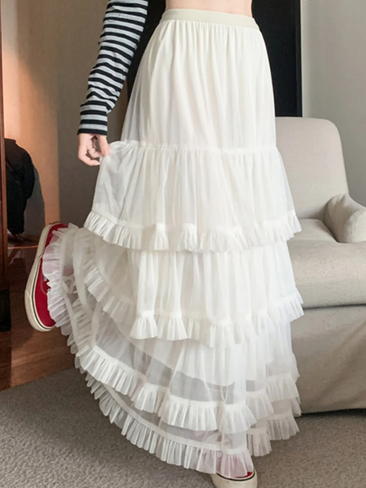Elegant Oversized Tulle Skirt with Lace Trim Mid-Length Women's Fashion Korean Style High Waist A-Line Single-Piece Spring-Su...