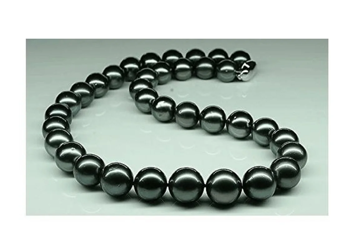 AAAAA huge and beautiful 11-12mm pure black Tahitian pearl bead necklace with 18inch 14k yellow gold clasp 《gift box》