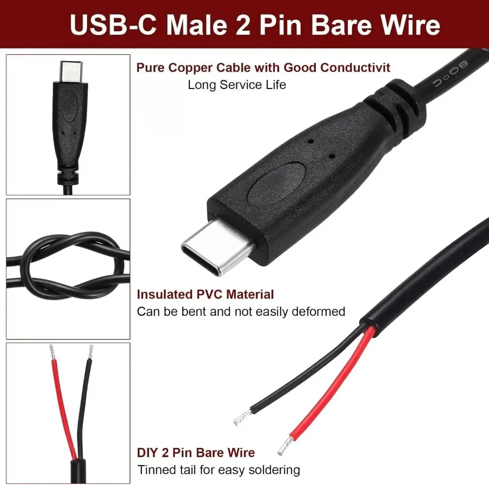 1-3PCS USB C Male Plug Bare Wire Tail Cable Type-C Plug To 2Pin Bare Wire Open Connector for DIY Phone Laptop Replacement Repair