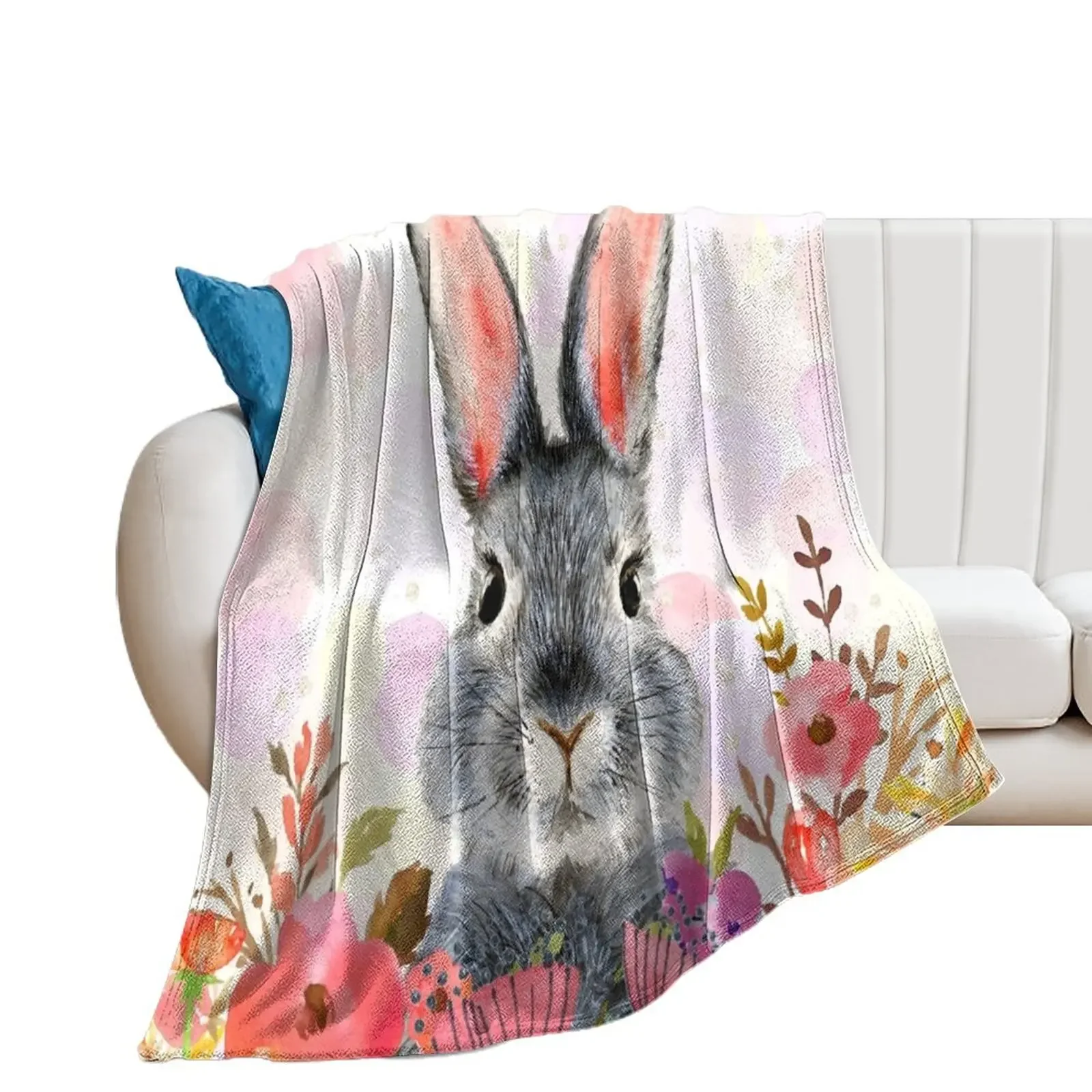 

Cute and funny rabbit in flowers Throw Blanket Multi-Purpose christmas gifts wednesday Camping Blankets