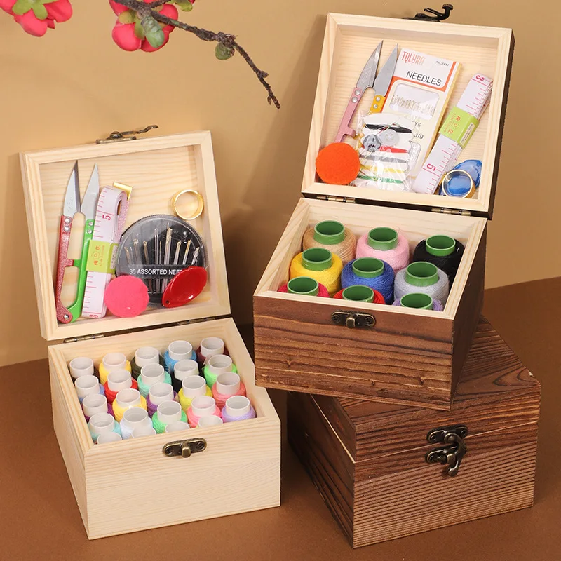 Retro Household Solid Wood Needle and Thread Box Set Sewing Tools Handmade Needle and Thread Kit Practical Needle and Thread Set
