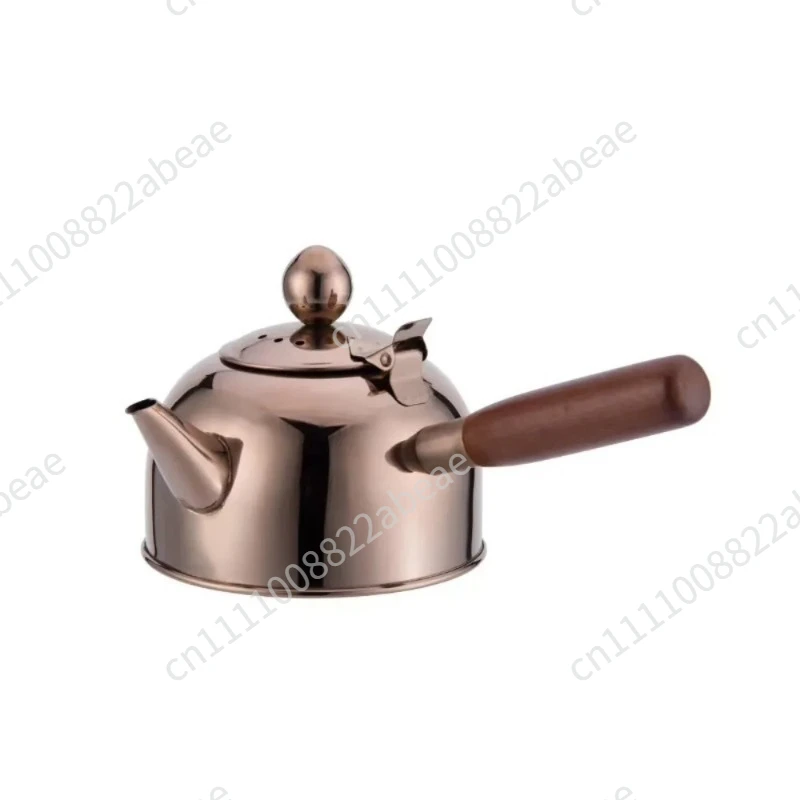 Drinkware 304 Stainless Steel Tea Kettle Flat Bottom Chinese Boiling Water Kettle Retro Side Wooden Handle Teapot Restaurant