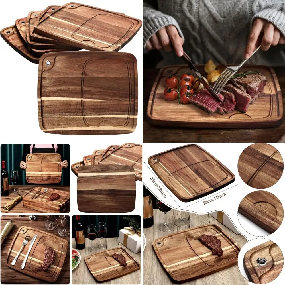 

Acacia Wooden Steak Board Set with 6 Plates & Juice Groove for Christmas Meals, 13x11x0.6 Inches