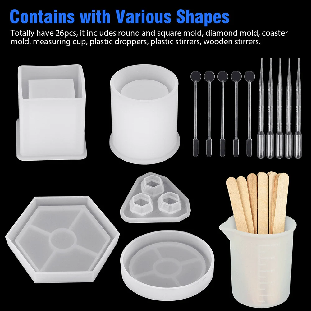 26Pcs Epoxy Resin Silicone Molds for Resin Art with Molds Wooden Stir Sticks Drippers Measuring Cups