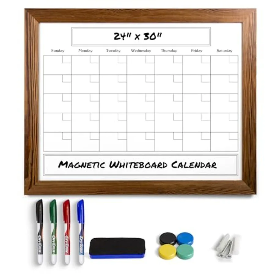 

Большой магнитный календарь-доска для сухого стирания с рамкой из натурального дерева, размер 24 x 30 дюймов, для настенного крепления, в комплекте 4 маркера разных цветов