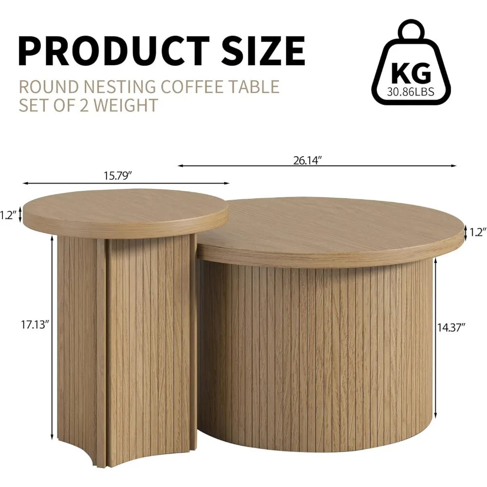 Round Nesting Coffee Table Set of 2,Coffee Tables for Living Room,Round Coffee Table with Wood Finish,Stackable Coffee Table