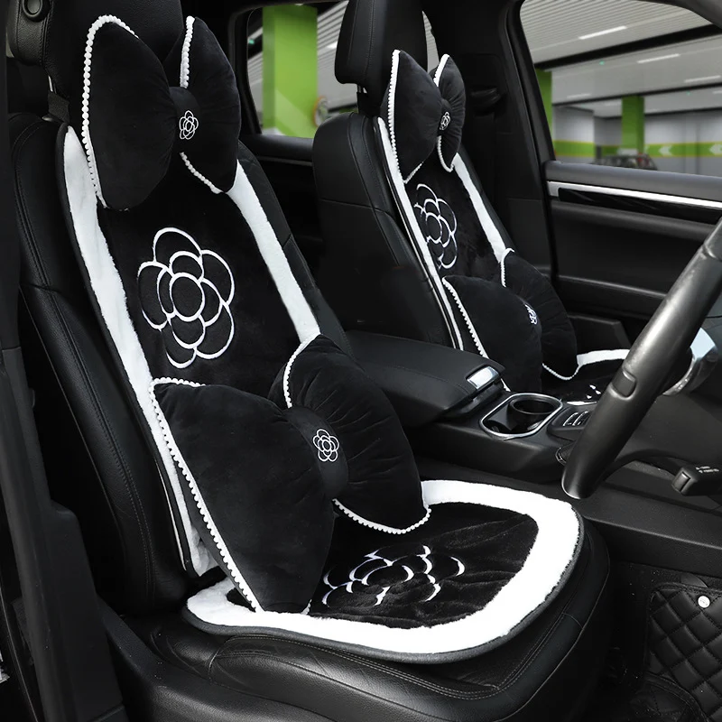 Winter Soft Plush Universal Car Seat Cover Classic Black White Camellia Flower Auto Seat Cushion Keep Warm Mats Car Accessories