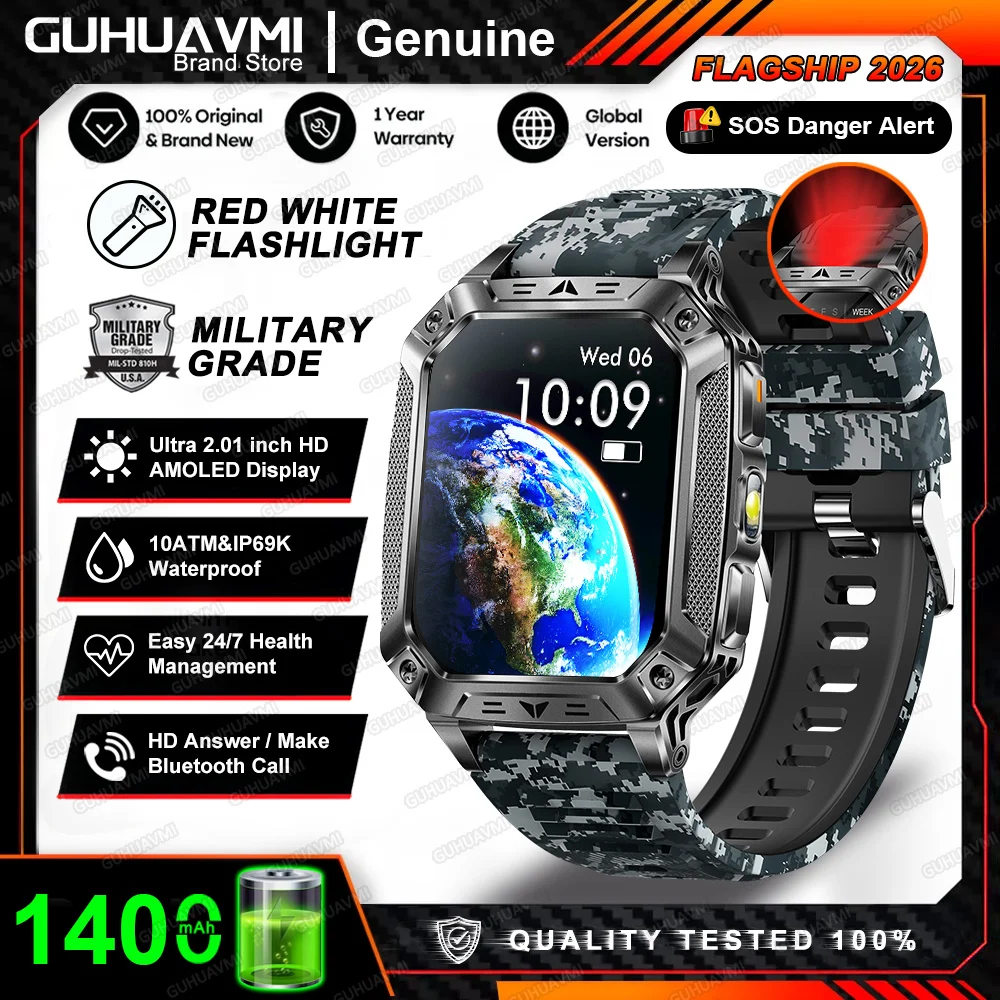 2026 Nieuwe Ingebouwde 1400mAh Supergrote Batterij Heren Smartwatch Outdoor GPS 2.01" AMOLED Scherm 10ATM Waterdicht BT Oproep Smartwatch