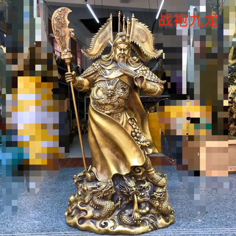 

Brass God Of Wealth Figurine With Five Flags And Nine Dragons Holding Treasure, Guan Gong, Household Office Shop Decoration