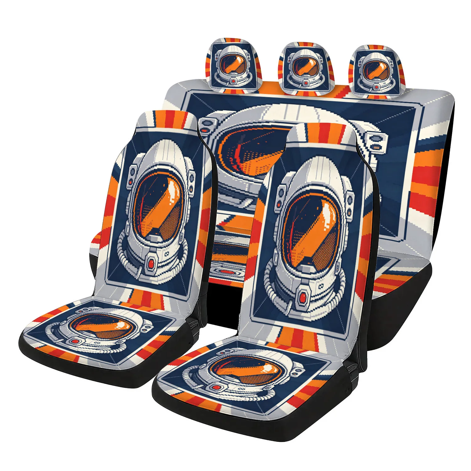 Car Seat Covers + Auto Seat Protectors + Universal Fit, Orange Astronaut Helmet Pixel Art With Navy And Red Rays, Modern, Car |