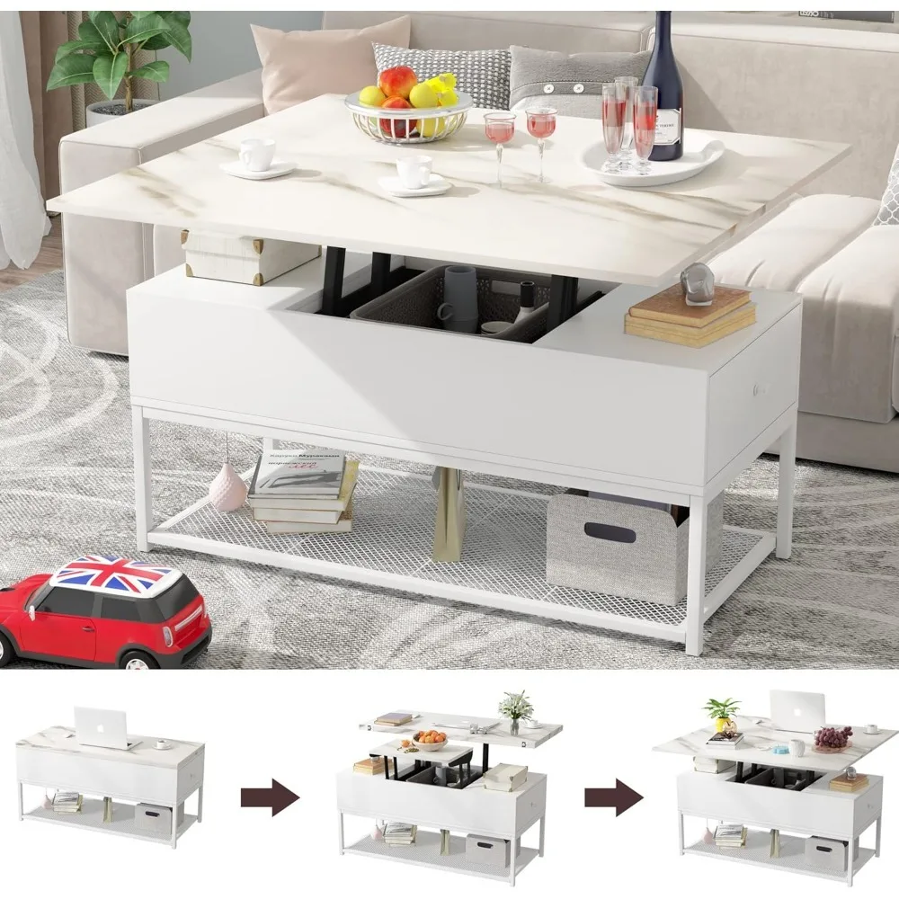 Lift Top Coffee Table, Coffee Tables with 2 Storage Drawer and Hidden Compartment for Living Room (Faux Marble White)