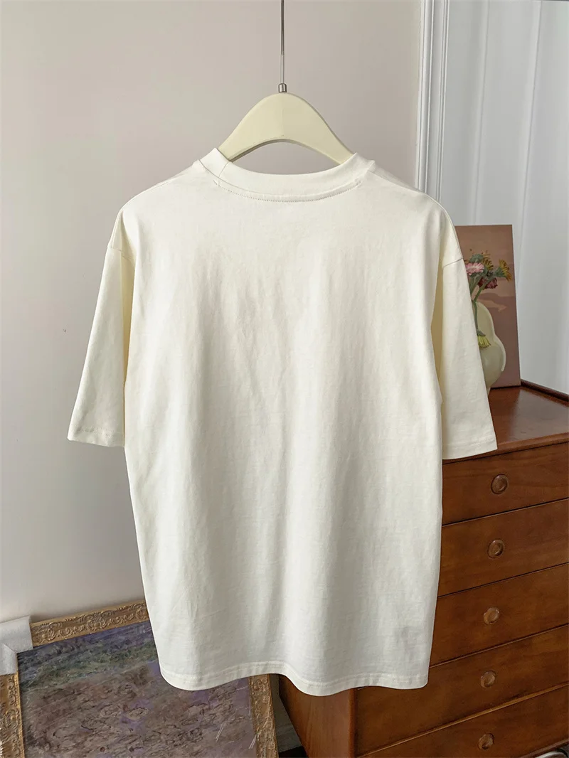 Animal Embroidery Women and Men Short Sleeve Round Neck Cotton T-Shirt Clearance Price
