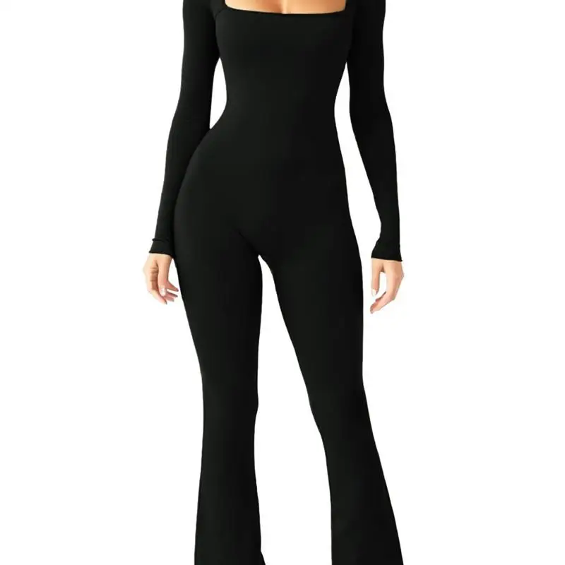 

Женский костюм с длинным рукавом, высокоэластичный, с квадратным воротником, брюки с эффектом подтяжки бедер и широкими штанинами, модный, для трансграничной торговли