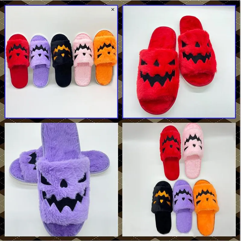 TreasuringU Halloween Pumpkin Lantern Slippers Soft Furry Comfort Open-Toe Slides Outdoor Fuzzy House Slippers Party Shoes