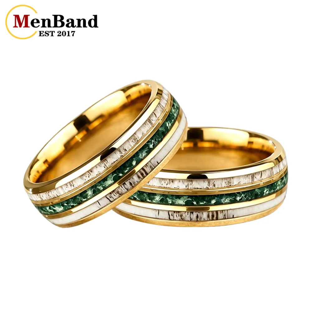 Men's 8mm Gold Tungsten Carbide Ring  Antler & Moss Agate Inlay Wedding Band，Romantic Gift for Him for Engagement or Anniversary