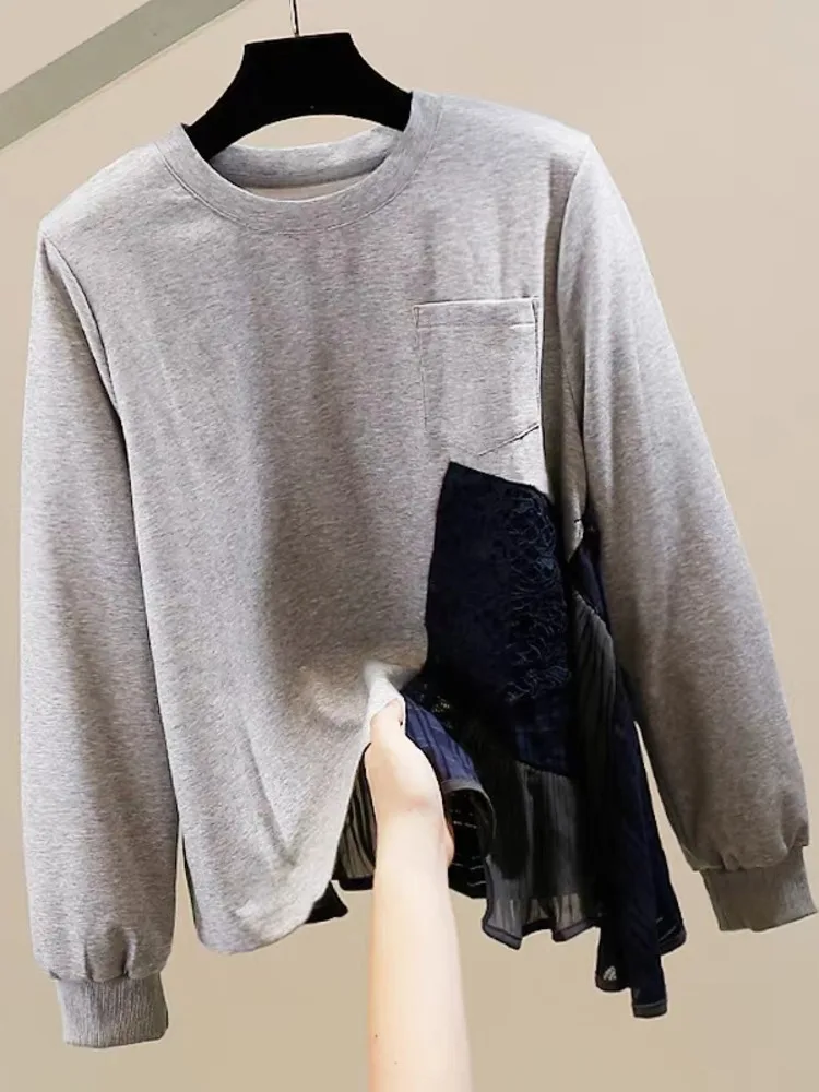 [EWQ] Korean Fashion Long Sleeve O-neck Spliced Irregular Design Sweatshirt Loose Women Pullover Tops 2024 Autumn New 16O2781