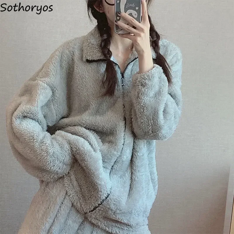 Coral Fleece Pajama Sets Solid New Winter Thicken Simple Korean Style Comfortable Warm Long Sleeve Leisure Daily Sleepwear Ins